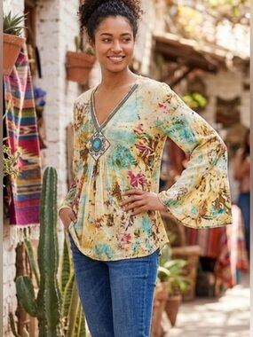 Chaudry KC Artisan Beaded Boho Belll Sleeved Blouse XL NWT